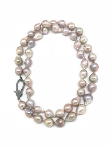 Long Pink Pearl with Diamond Clasp Necklace