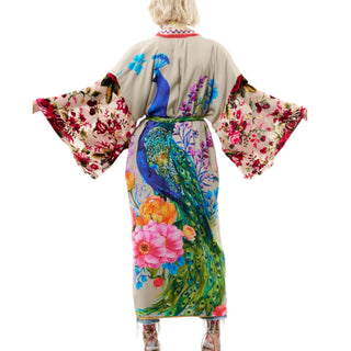 Beige Floral And Peacock Print Kimono