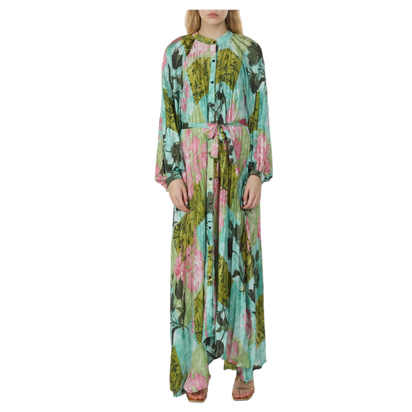 Green Floral Printed Pleated Maxi Dress