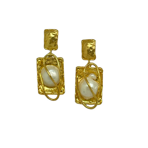 Gold Caged Pearl Earring