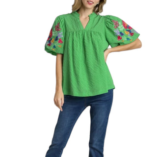 Embroidered Bubble Sleeve Top
