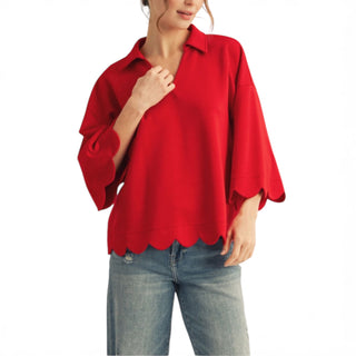 Tomato Red Scalloped Blouse