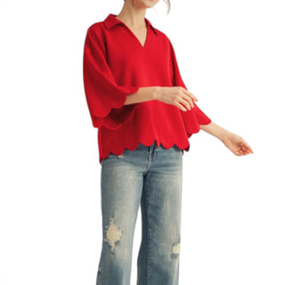 Tomato Red Scalloped Blouse