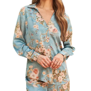 Blue Floral Satin Button Up Shirt