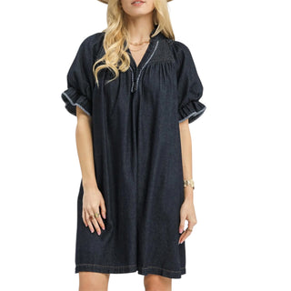Smocked Denim Boho Puff Sleeve Dress
