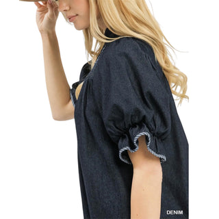 Smocked Denim Boho Puff Sleeve Dress