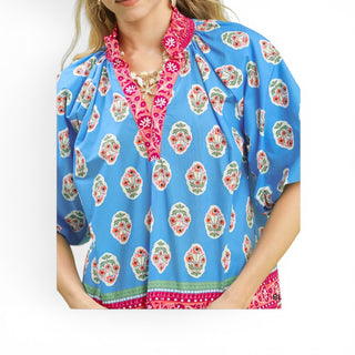 Blue Summer Puff Sleeve Blouse