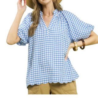 Red Gingham Bubble Sleeve Blouse