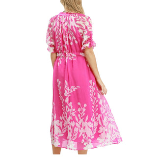 Pink Floral Print Tie Midi Dress