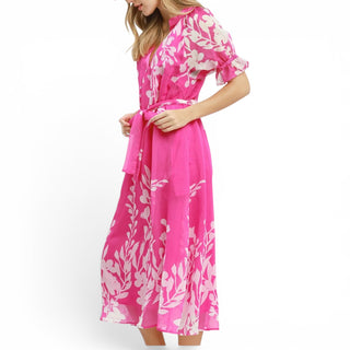 Pink Floral Print Tie Midi Dress