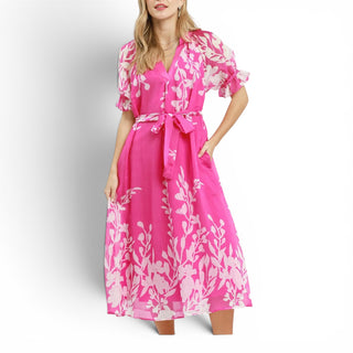 Pink Floral Print Tie Midi Dress