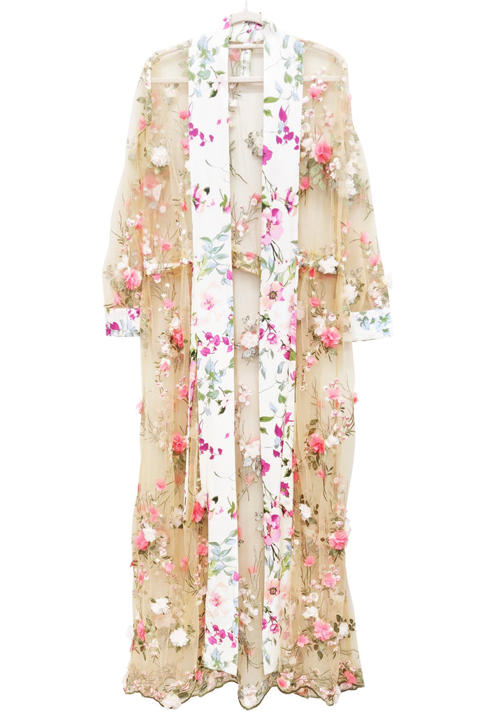 Cream Floral Embroidered Kimono