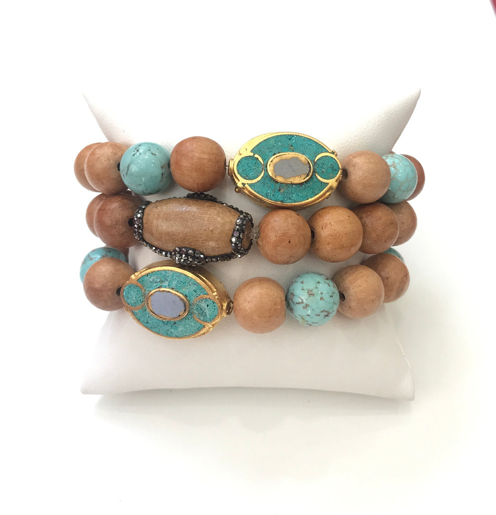 Light Wood And Turquoise Bracelet Set