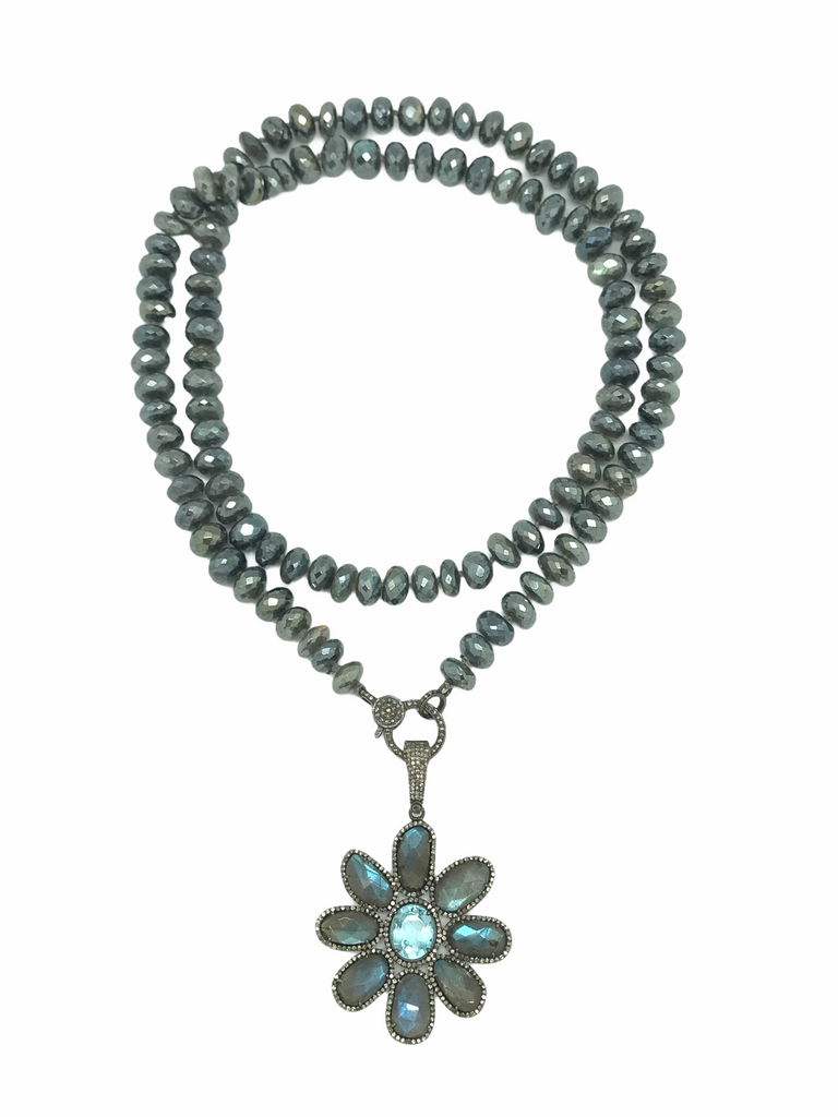 Laboradite Necklace And Diamond Flower Pendant