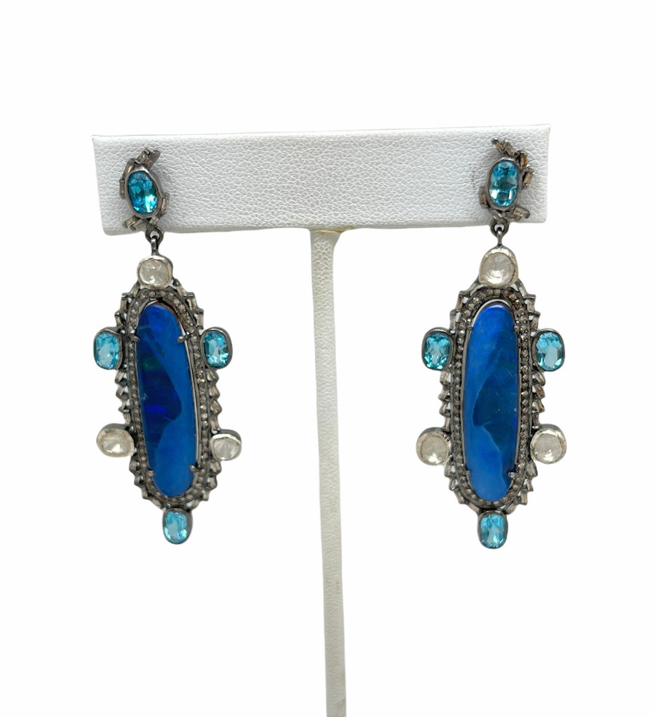 Opal, Blue Topaz And Diamond Earrings