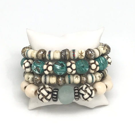 Carved Bone And Green Bracelet Set