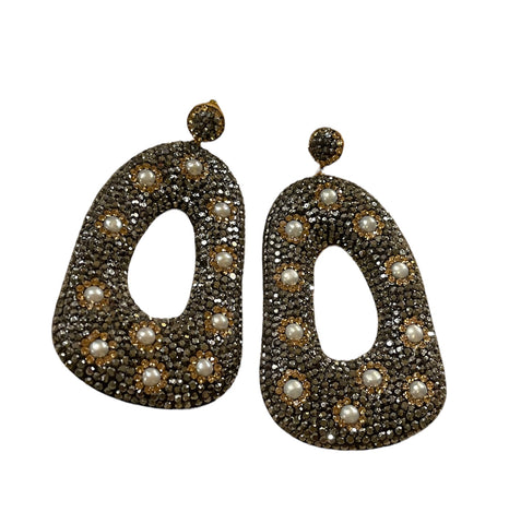 Statement Oval Black And Pearl Earrings