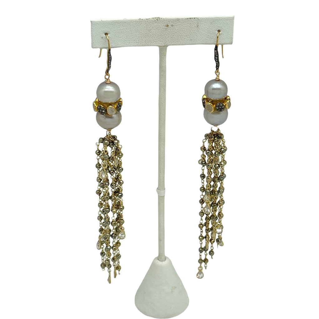 Pyrite And Pearl Tassel Earrings With Diamonds