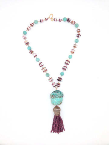Ruby and Turquoise Tassel Necklace