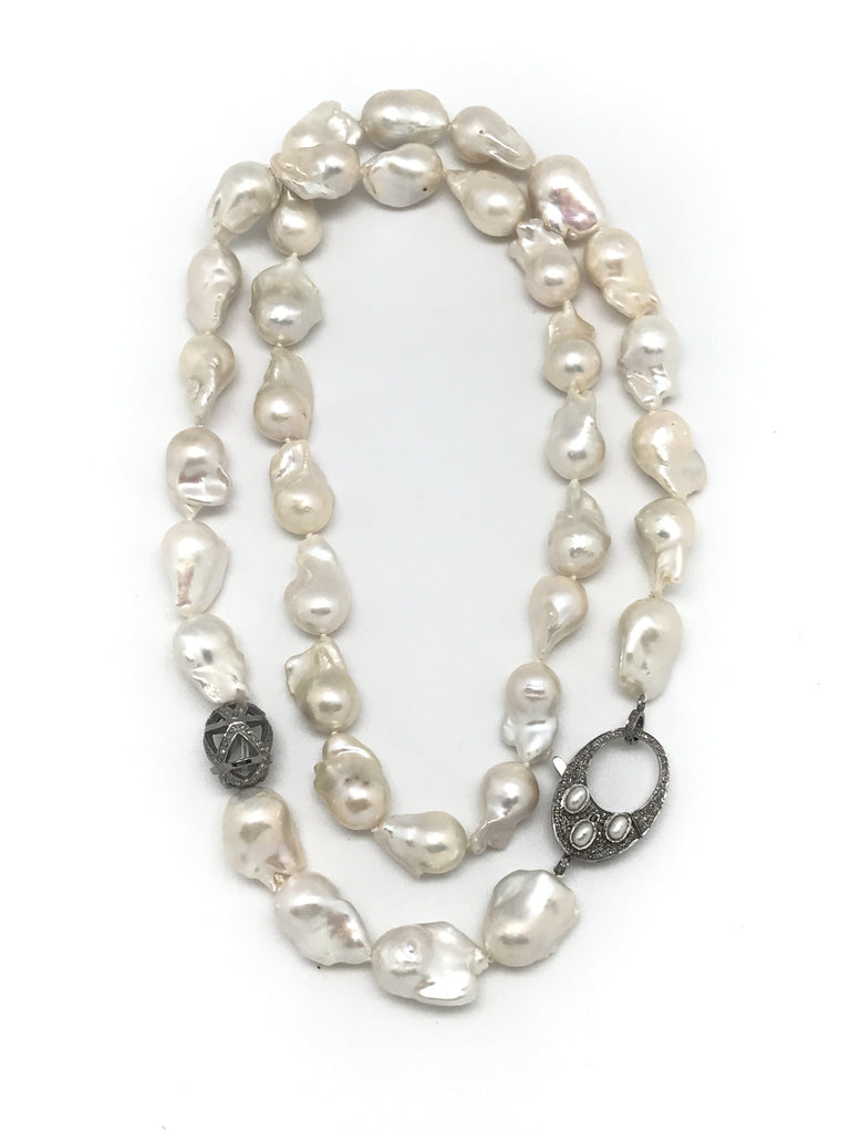 Long Baroque Pearl And Diamond Necklace