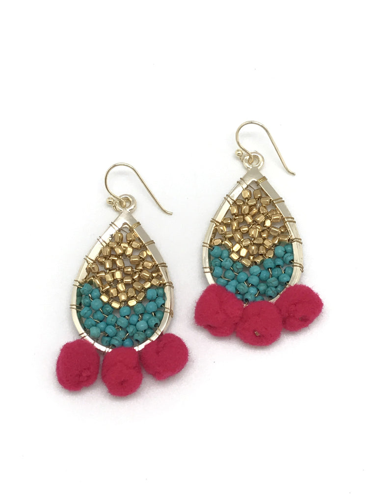 Pink and Turquoise Pom Pom Earrings